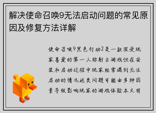 解决使命召唤9无法启动问题的常见原因及修复方法详解